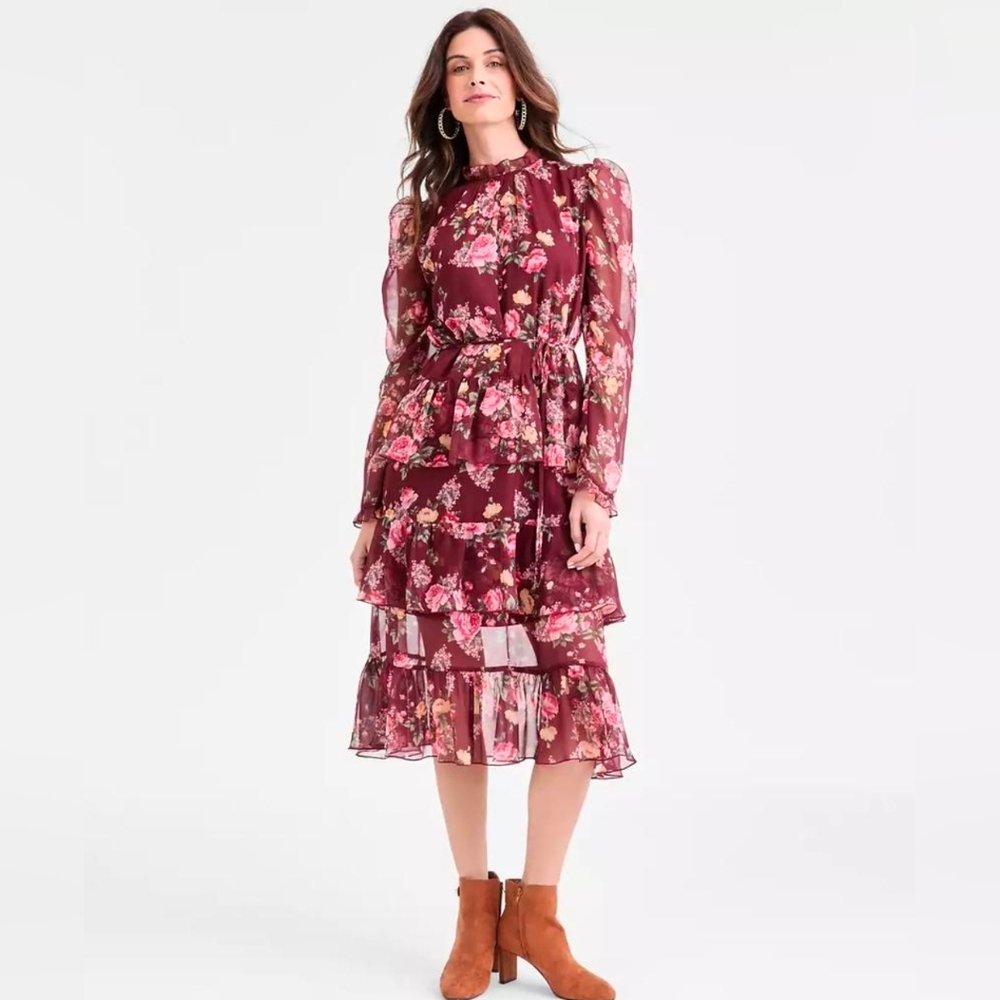 Women's Floral Tiered Midi Dress in Burgundy
